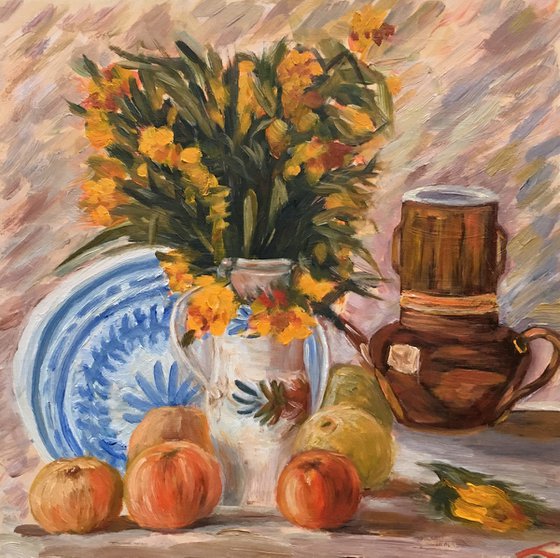 Vase with Flowers, Coffeepot and Fruit, inspired by van Gogh.