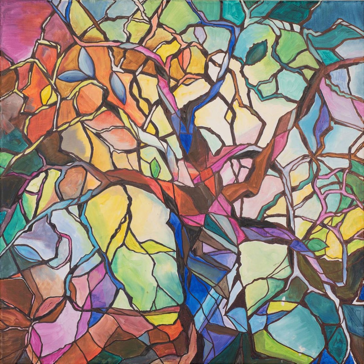 Geometric Botanical Acrylic Painting By Eliry Arts, 24 X 24, Tree With Stained Glass, Original Artwork