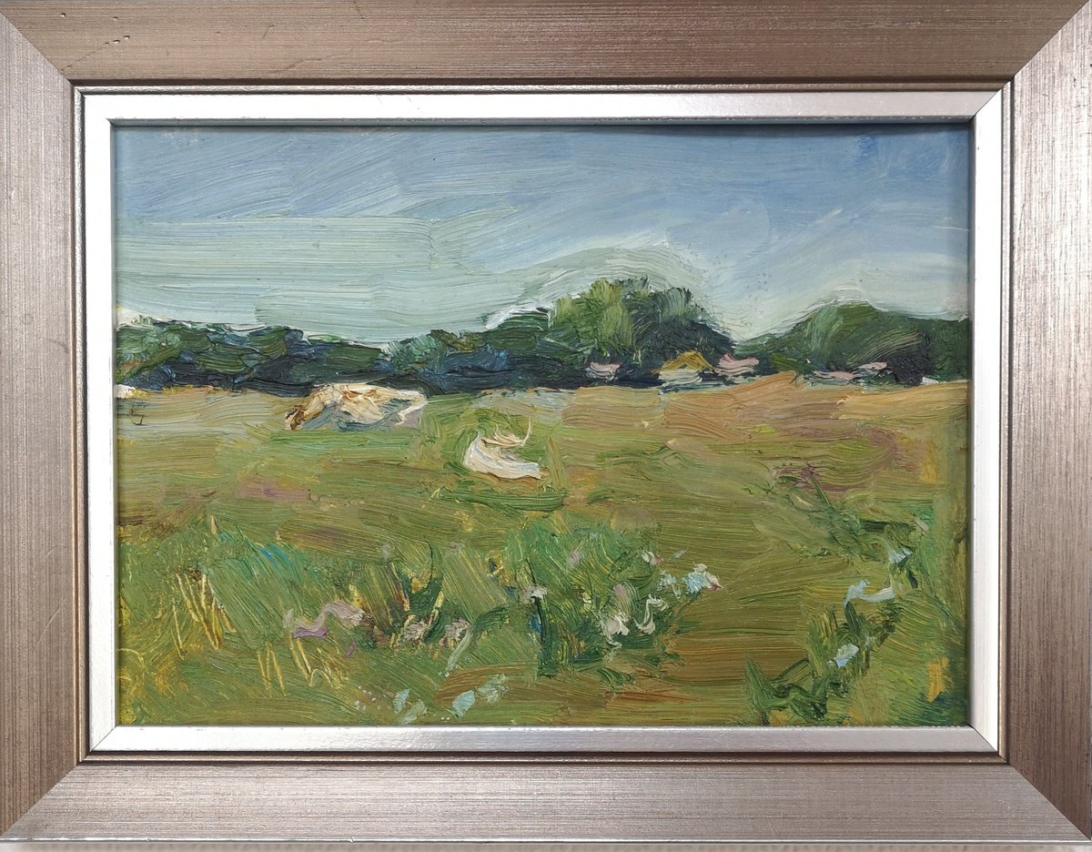 Impressionistic Landscape Oil Painting By Olga Samar, 10 X 8", Cows, Original Artwork
