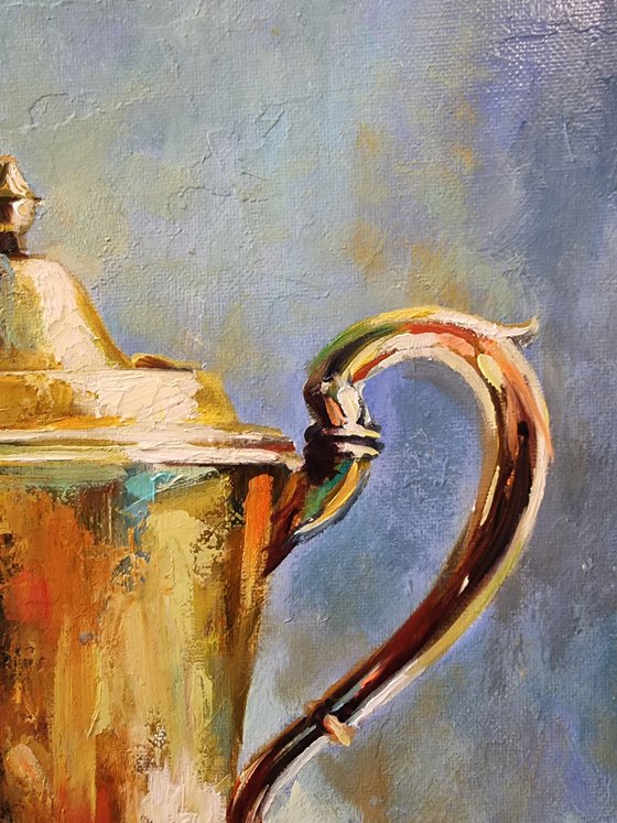 "Teapot and plums. "   still life  liGHt original painting  GIFT (2022)
