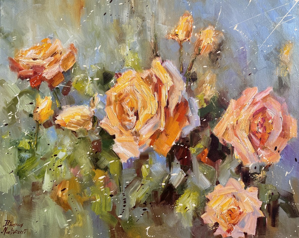 Impressionistic Botanical Oil Painting By Diana Malivani, 20 X 16, Les Roses De Jardin, Original Artwork