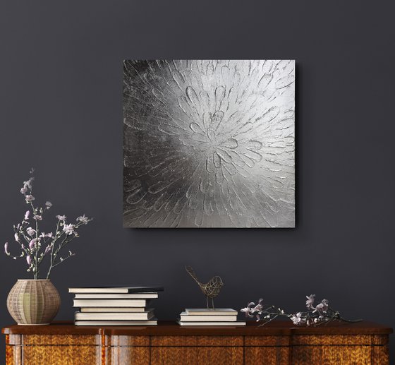 Silver Textured Flower Original Square Painting 24x24in 60x60cm Silver Leaf Artwork Abstract Flower