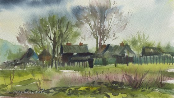 Spring village landscape. Plain air artwork. Watercolour by Marina Trushnikova