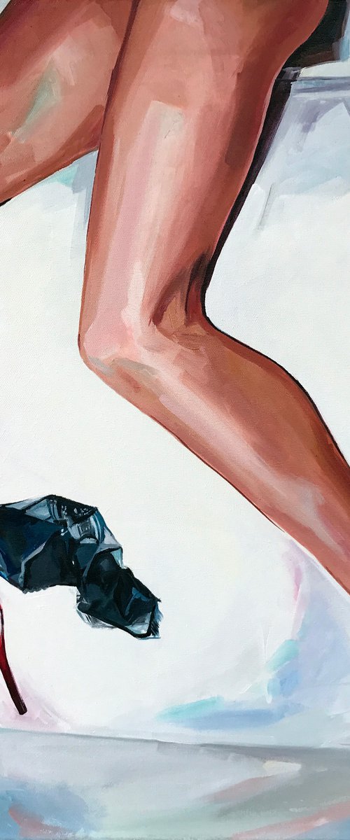 NUDECOMER - original oil painting, naked, nude, legs, woman red heels underwear, wall art, gift by Sasha Robinson