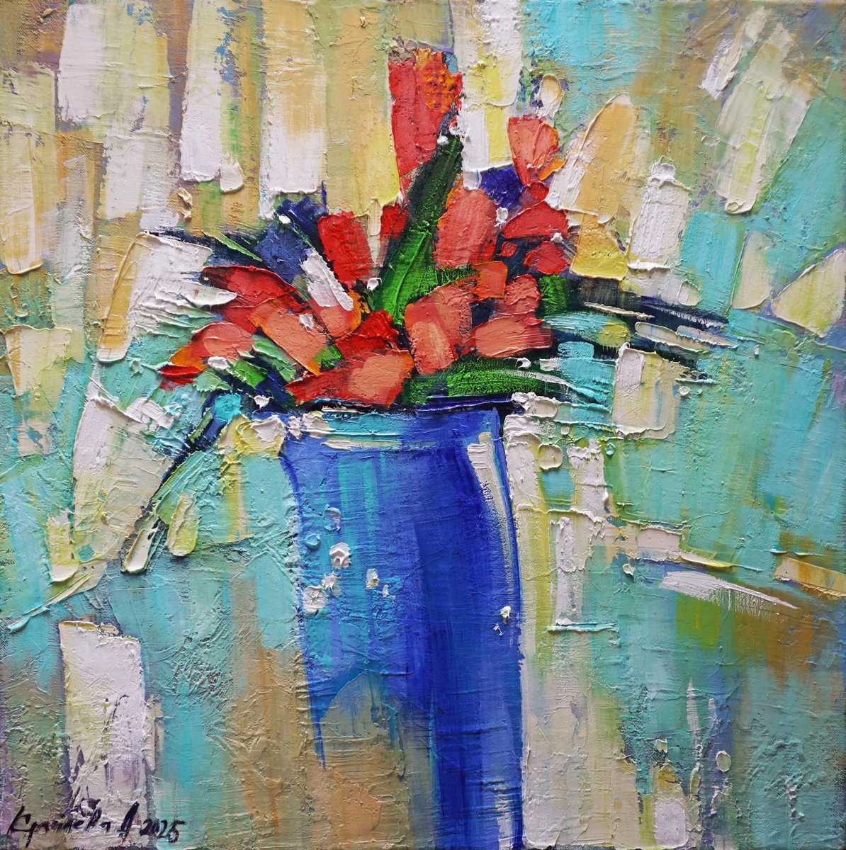 Impressionistic Botanical Oil Painting By Anastasiia Kraineva (Masniuk), 20 X 20, Spring Morning, Original Artwork