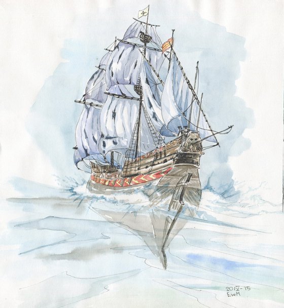 Ancient ship, watercolor. Original artwork.