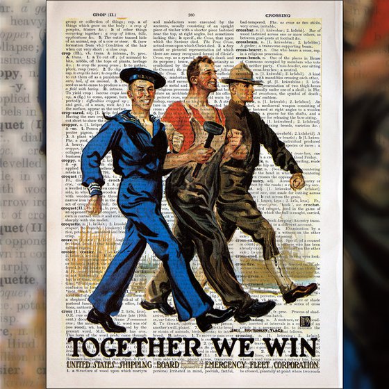 Together We Win - Collage Art Print on Large Real English Dictionary Vintage Book Page