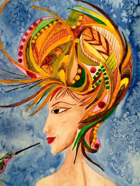 Female Painting Portrait Original Art Abstract Woman Portrait Hummingbird Watercolor Lady with Bird Artwork Home Wall Art 12 by 17" by Halyna Kirichenko