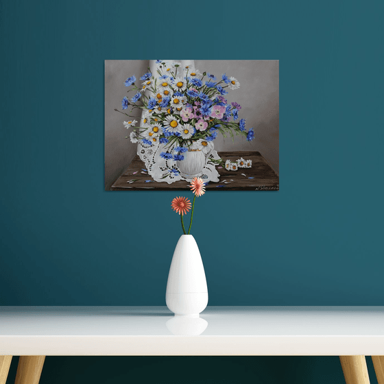 White Blue Flowers Painting