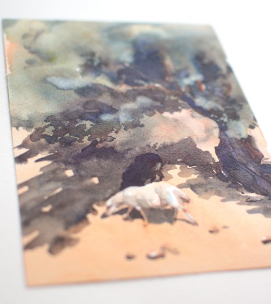 Two sheep under the tree, watercolor sketch of animals