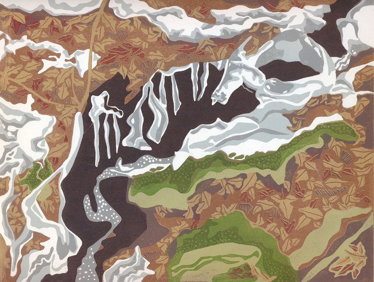 Illustrative Landscape Linocut By Kate Goetz, 14 X 11", The Lair Of The Ice Serpent, Original Artwork