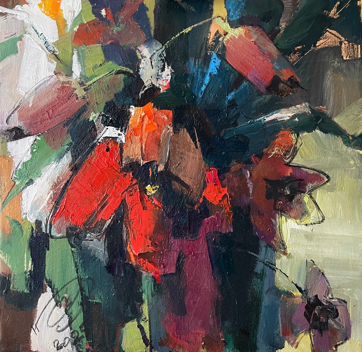 Expressive Botanical Oil Painting By Igor Yuryev, 20 X 20, Tulips, Original Artwork