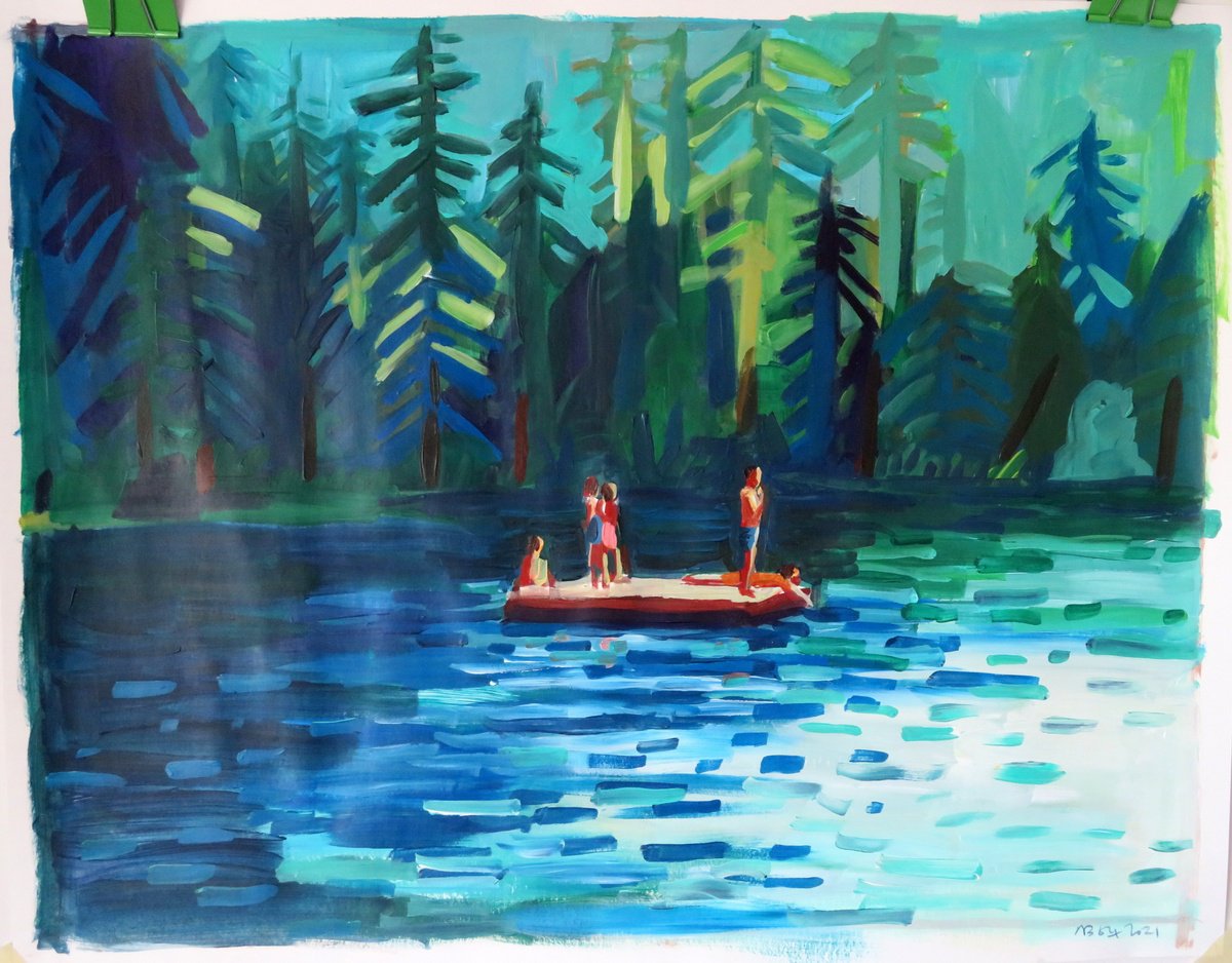 Impressionistic Landscape Acrylic Painting By Stephen Abela, 22 X 28", Floating Dock, Original Artwork