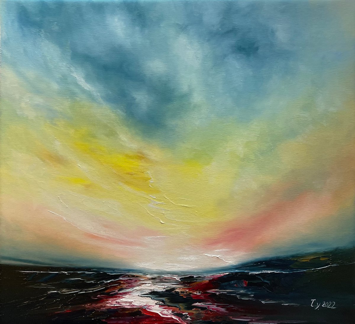 Impressionistic Landscape Oil Painting By Timea Valsami, 28 X 26", Sundown In Wonderland, Original Artwork