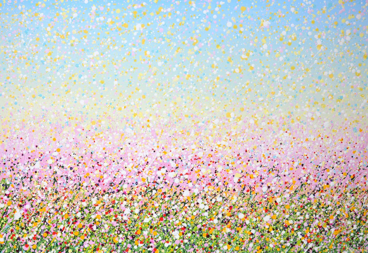 Expressive Botanical Acrylic Painting By Iryna Kastsova, 47 X 31, Pale Pink Field 5., Original Artwork
