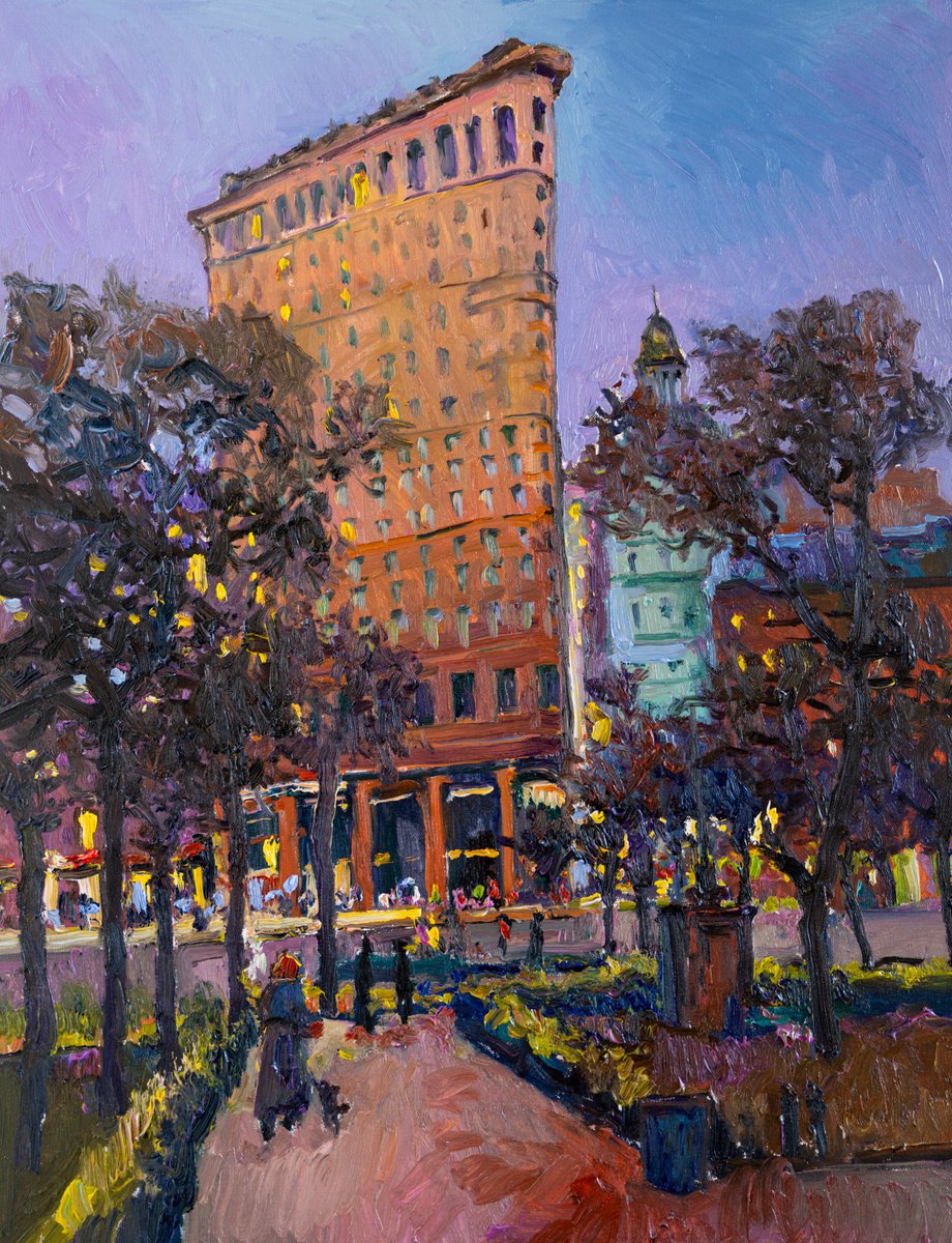 Impressionistic Cityscapes Oil Painting By Suren Nersisyan, 24 X 30", New York Cityscape, Evening, Original Artwork