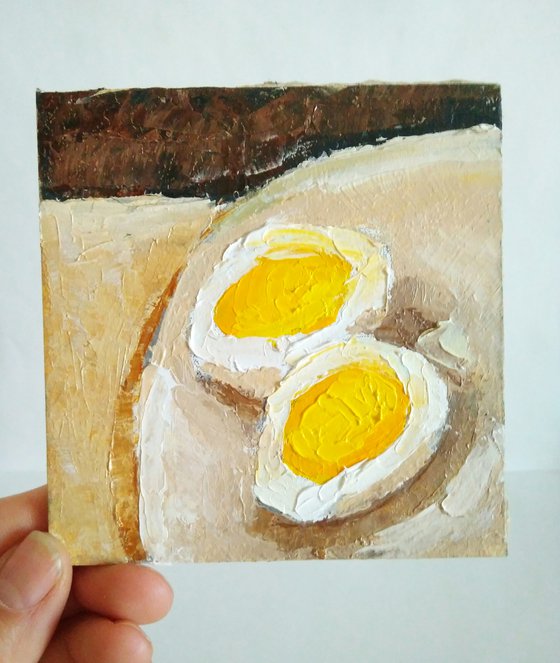 Egg Painting Food Original Art Tiny Kitchen Artwork Impasto Wall Art