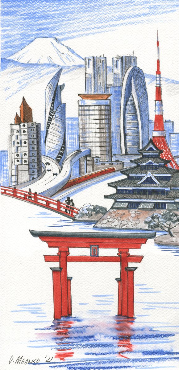 History and present together. Japanese landscape / ORIGINAL illustration. Architectural pi... by Olha Malko