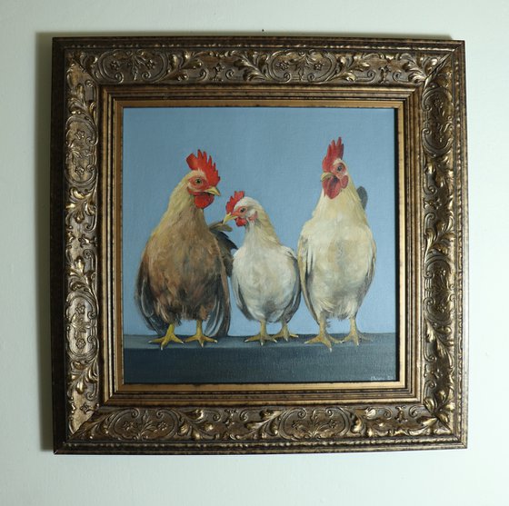 Chickens in a Row, Chicken Painting, Animal Artwork, Nature Wall Decor Framed and Ready to Hang Oil Painting by Alex Jabore Active