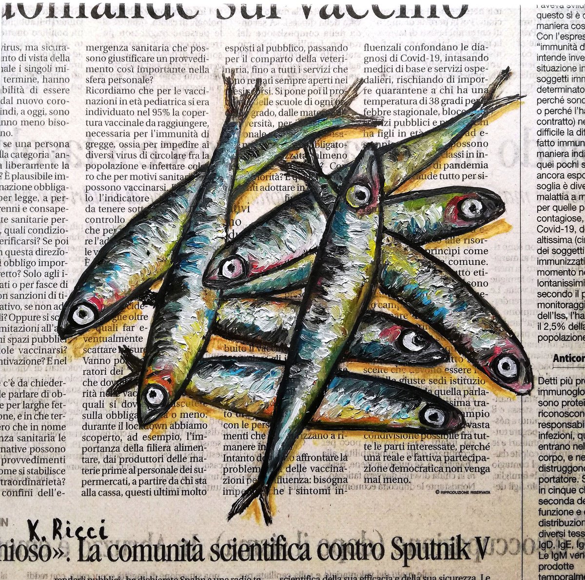 Mixed Anchovies on Newspaper Original Oil on Canvas Board Painting 8 by 8 inches (20x20... by Katia Ricci
