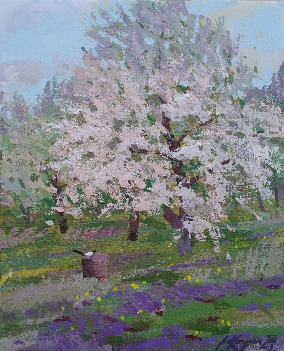 Impressionistic Landscape Acrylic Painting By Sergey Kachin, 16 X 20", My Garden, Original Artwork