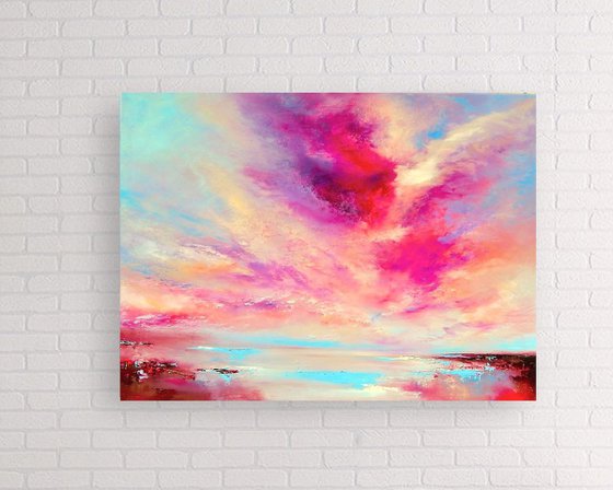 "Skies Ode" pink, gold, blue abstract painting, 73cm x 54cm