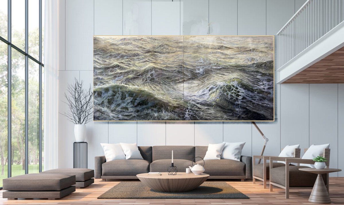 Photorealistic Landscape Oil Painting By Vishalandra Dakur, 96 X 41", Waves7 , 96X41 Inches, Original Artwork