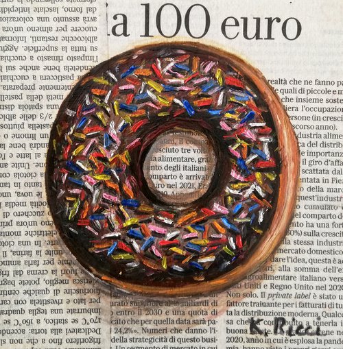 "Brown Donut on Newspaper" Original Oil on Canvas Board Painting 6 by 6 inches (15x15 cm) by Katia Ricci