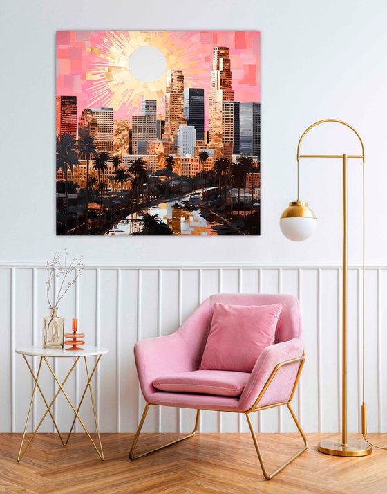 California Dreaming. Sunset in Los Angeles. Abstract expressionism urban USA palm trees and skyscrapers cityscene, colorful pink gold black bronze landscape art. Large wall art home decor. Art Gift