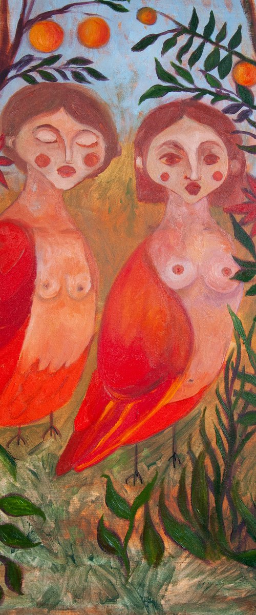 Sirens Art Modern Woman Nude, Bird Woman, canvas, oil - Garden guards 90x75 cm by Dasha Pogodina