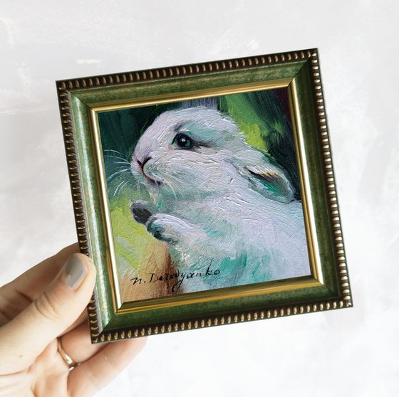 Bunny painting original oil picture framed 4x4, Small framed art Green girl rabbit artwork,