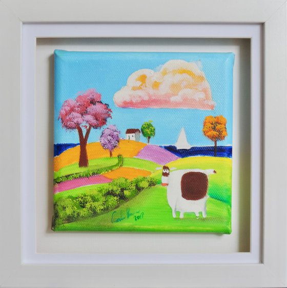 small folk art house and cow canvas painting