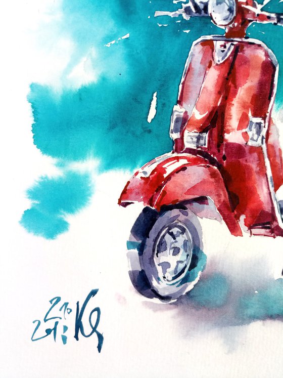 "Retro motorcycle" original watercolor artwork adventure road