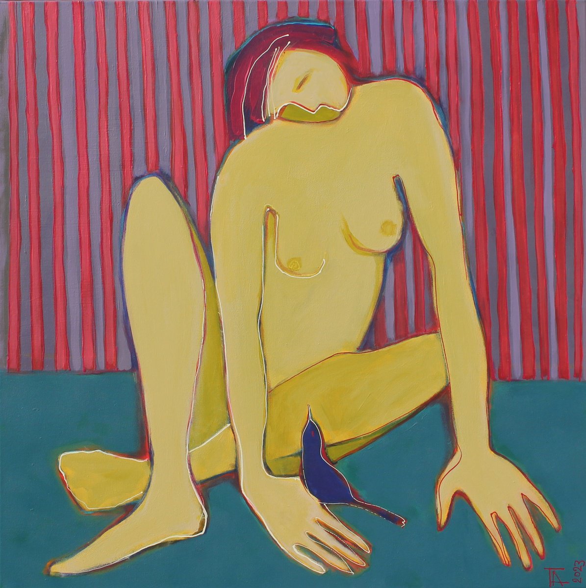 Organic Portrait Acrylic Painting By Tatjana Auschew, 31 X 31", Night Conversation., Original Artwork