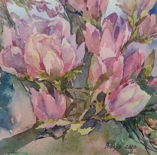 Magnolia - original watercolor, bright color painting by Tetiana Borys