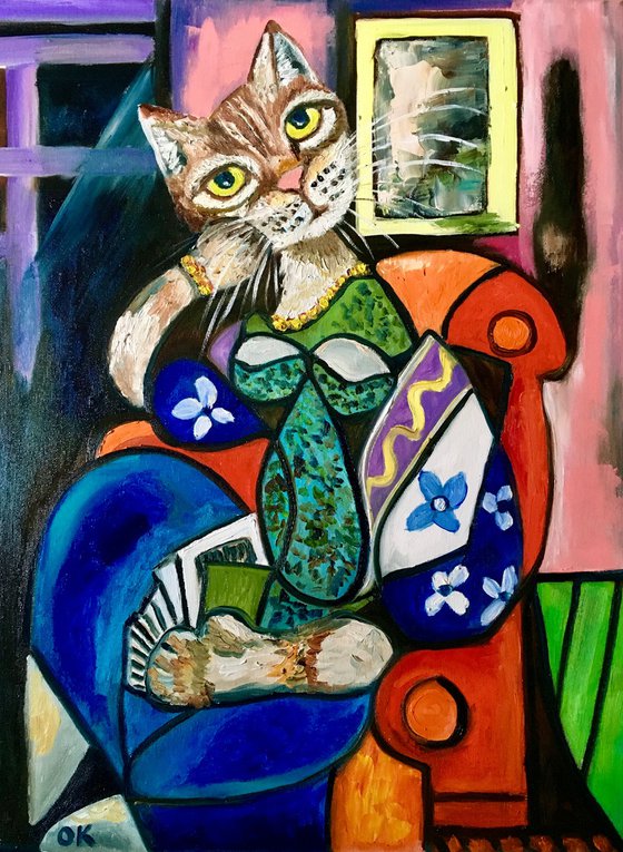 Cute Cat reading a book, version of Picasso painting FOR CAT LOVERS.