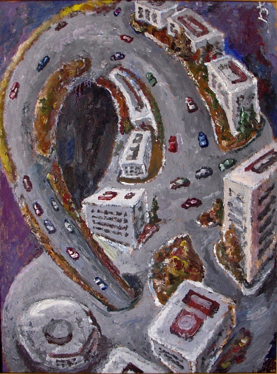 Surrealistic Cityscapes Oil Painting By Lia Chechelashvili, 15 X 19", Crooked Street, Original Artwork