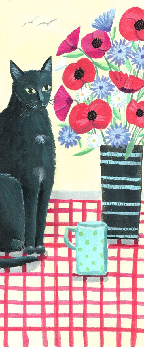 Black Cat with Flowers by Mary Stubberfield
