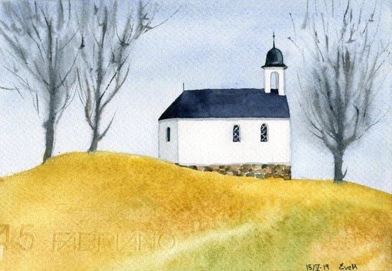 The old church on the hill. Autumn landscape. Original watercolor artwork.