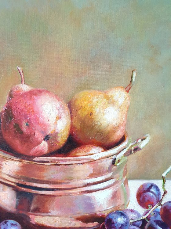 "Still life with grapes and pears in a small old French saucepan." still life grapes pears summer  liGHt original painting  GIFT (2020)