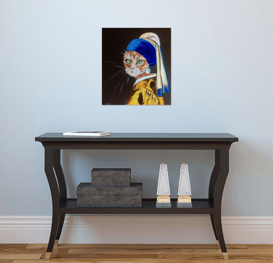 Cat with the pearl earring inspired by Vermeer painting feline art for cat lovers gift idea