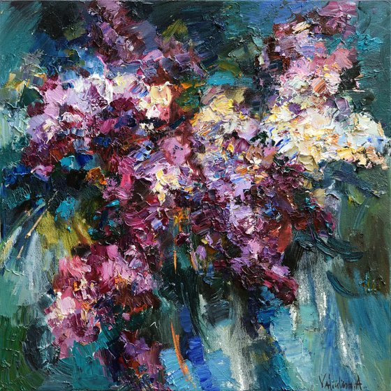 Lilac bouquet - 70 x 70 cm - Original oil painting