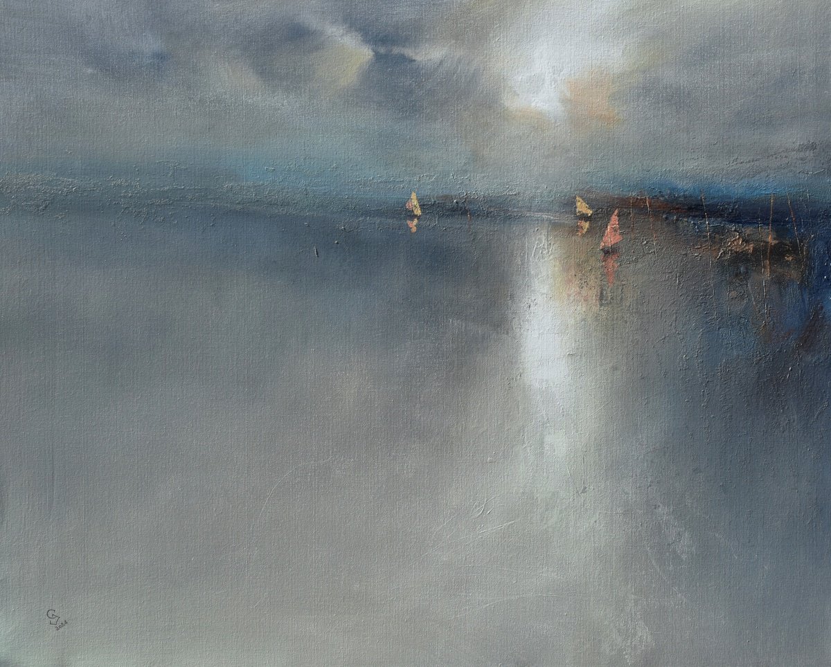 Abstract Landscape Acrylic Painting By Ivan Grozdanovski, 39 X 31, Sparks In The Morning Haze, Original Artwork