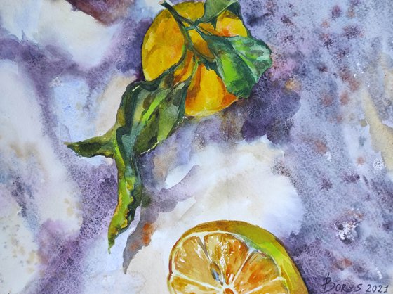 Hot in a citrus garden - citrus season - lemons - original artwork, watercolor