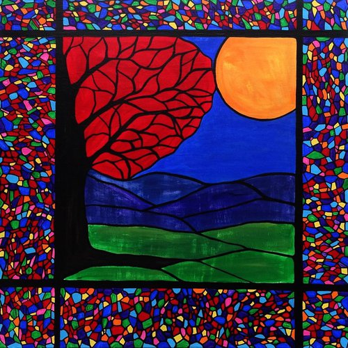 Red tree with stained glass landscape by Rachel Olynuk