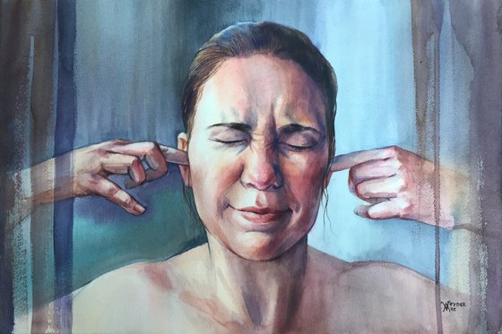 That's enough! Emotional woman portrait. Woman's face drawing
