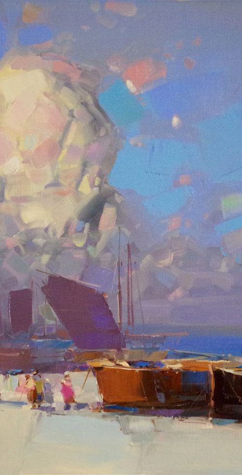 Fishing Boats, Seascape Original oil painting, Handmade artwork, One of a kind Signed with Certificate of Authenticity by Vahe Yeremyan