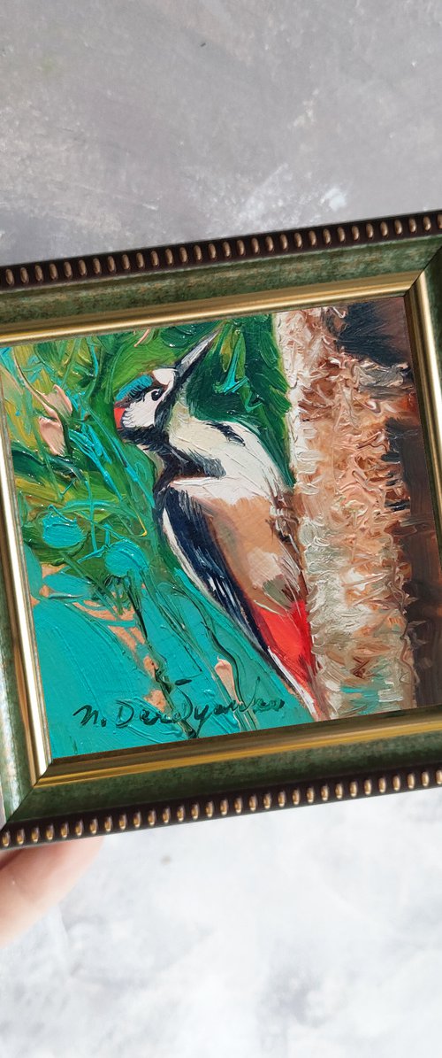 Black white red bird by Nataly Derevyanko