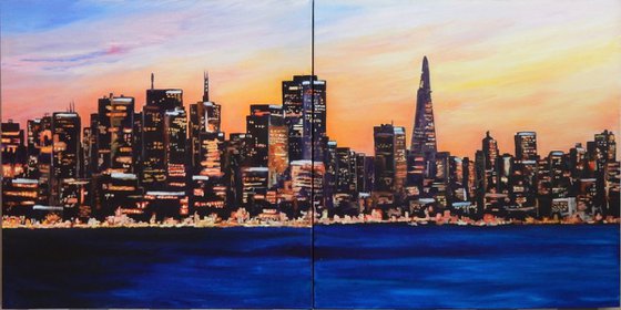 The city never sleeps. Cityscape, diptych. 100x50cm.