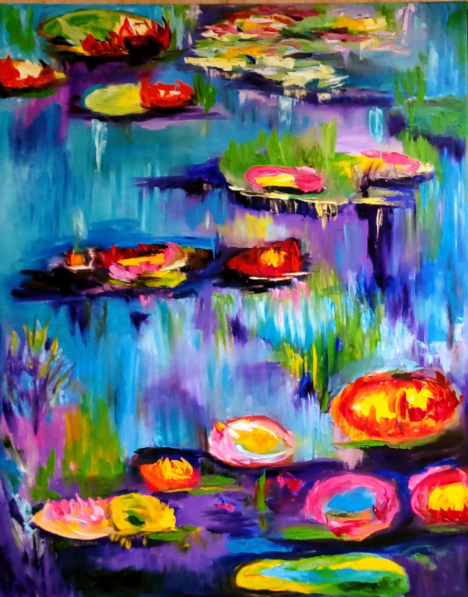Giverny in summer bloom, (66 x 92 x 2 cm) water Lilies Inspired by Monet. by Olga Koval